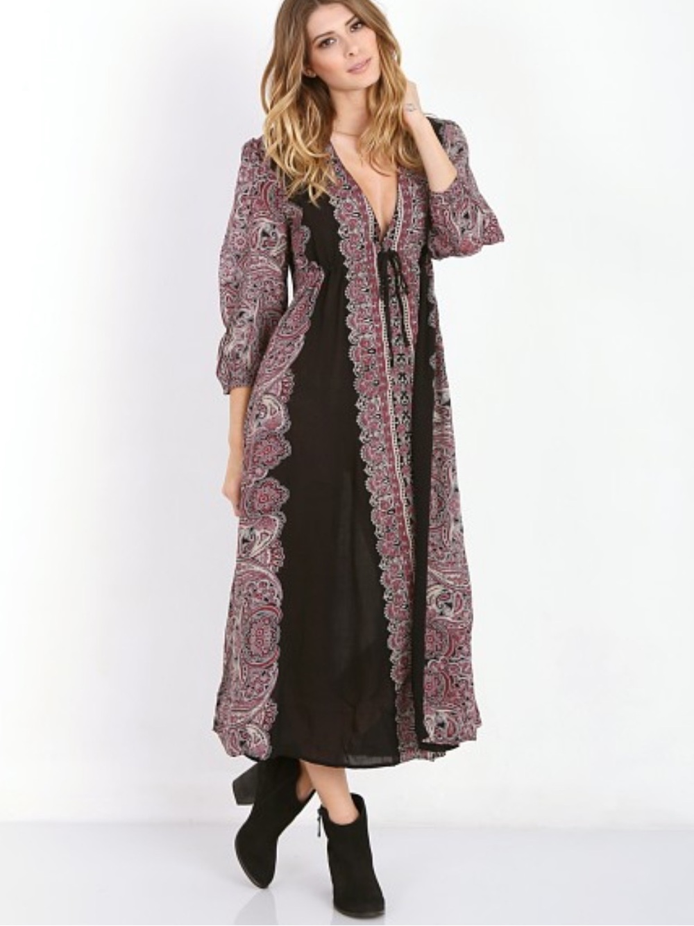 Free People Purple Black Festival Boho Midi Dress Paisley Witchy Whimsigoth Sz S